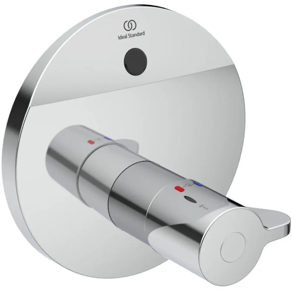 Sensor-Brausearmatur in Chrom von Ideal Standard mit runder Wandplatte und einem Bedienhebel für Warm- und Kaltwasser, ausgestattet mit einem Desinfektionsmodus.